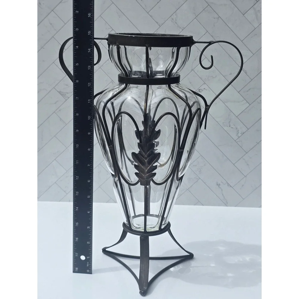 Wrought Iron and Caged Blown Glass Amphora Vase Scrolled Handles Rustic 15.5in - Picture 6 of 7